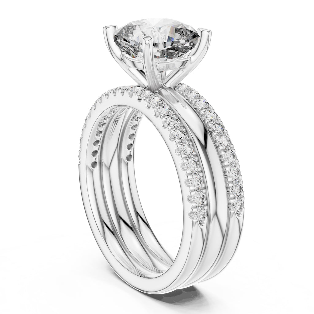 Diamond ring with a white gold band on a white background