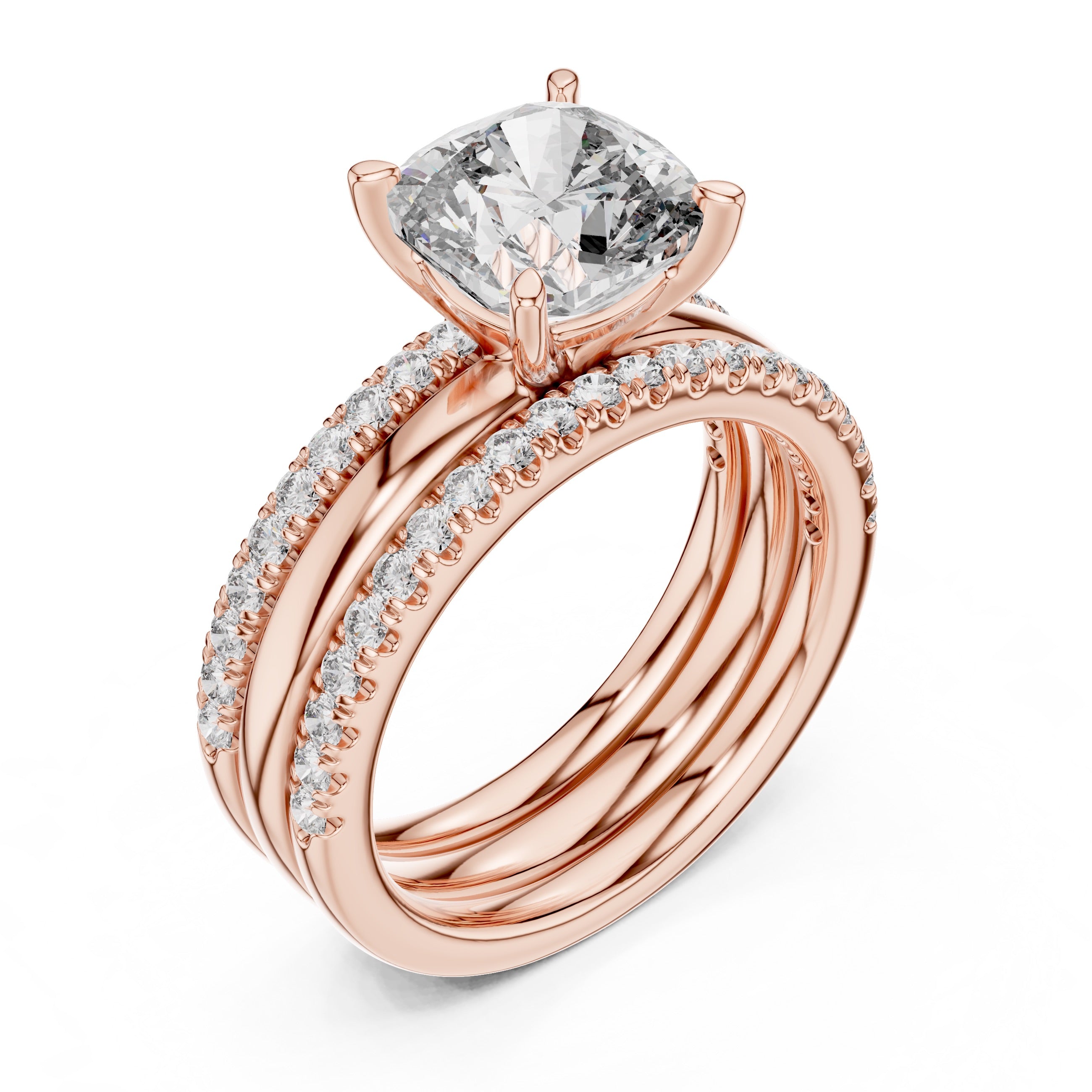 Rose gold ring with a large diamond and smaller diamonds on a white background