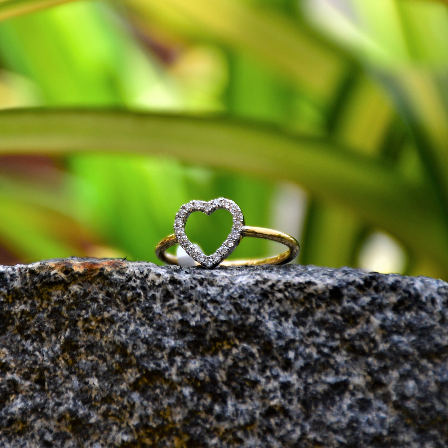 Delicate heart-shaped diamond ring set on a thin gold band, placed on a rocky surface against green and yellow variegated leaves in natural light.