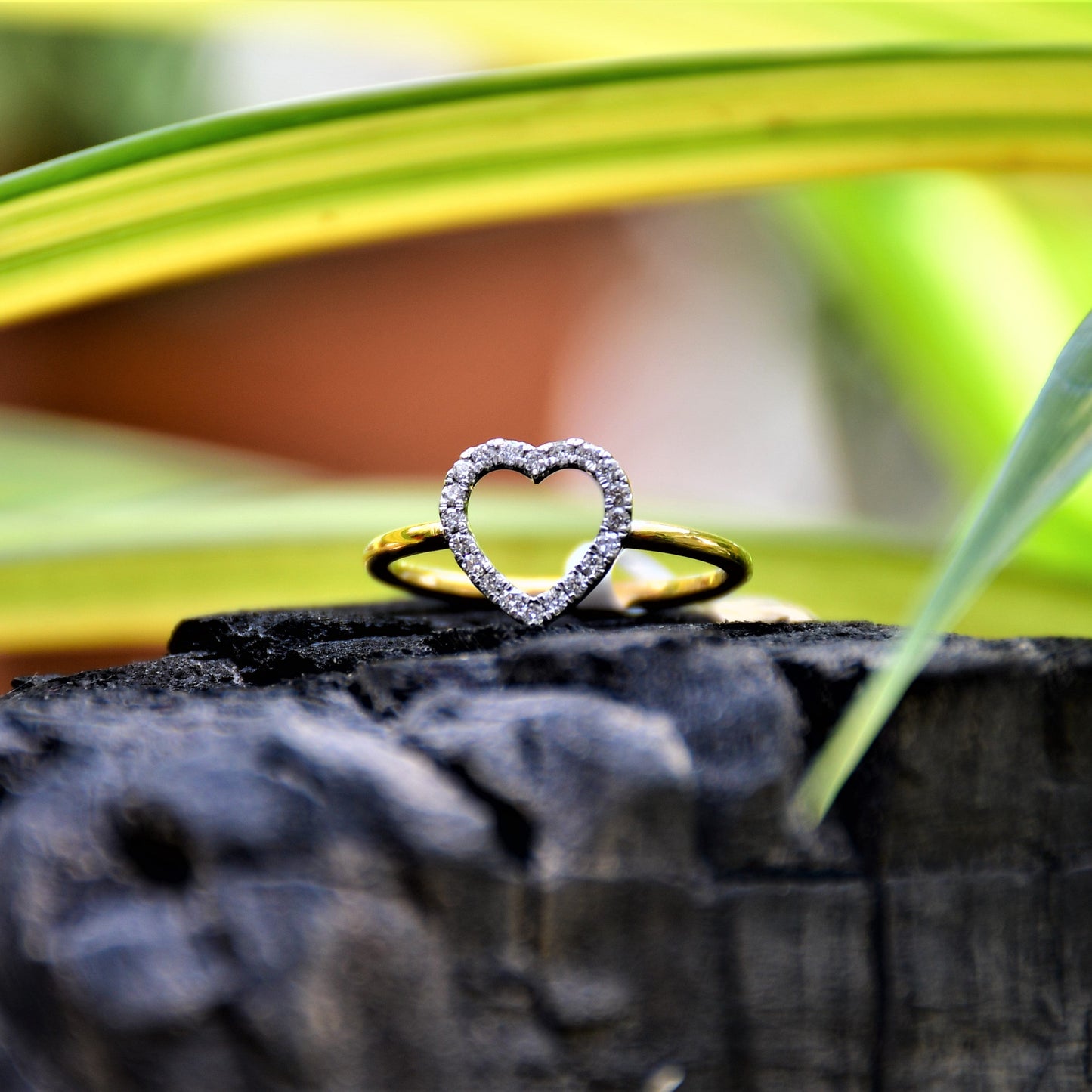 Delicate heart-shaped diamond ring set on a thin gold band, placed on a rocky surface against green and yellow variegated leaves in natural light.
