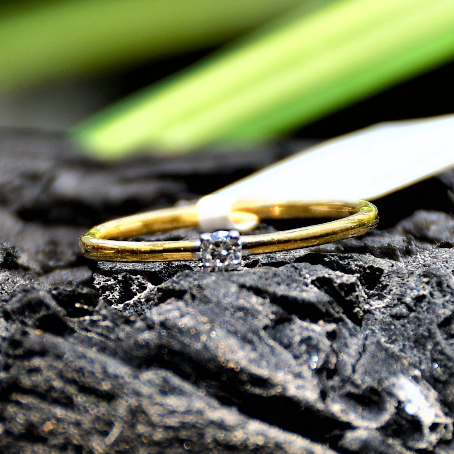 A close-up image of a delicate gold ring with a single small diamond solitaire set at the center, displayed on a textured black stone surface with soft green leaves in the blurred background, creating a natural and elegant composition.