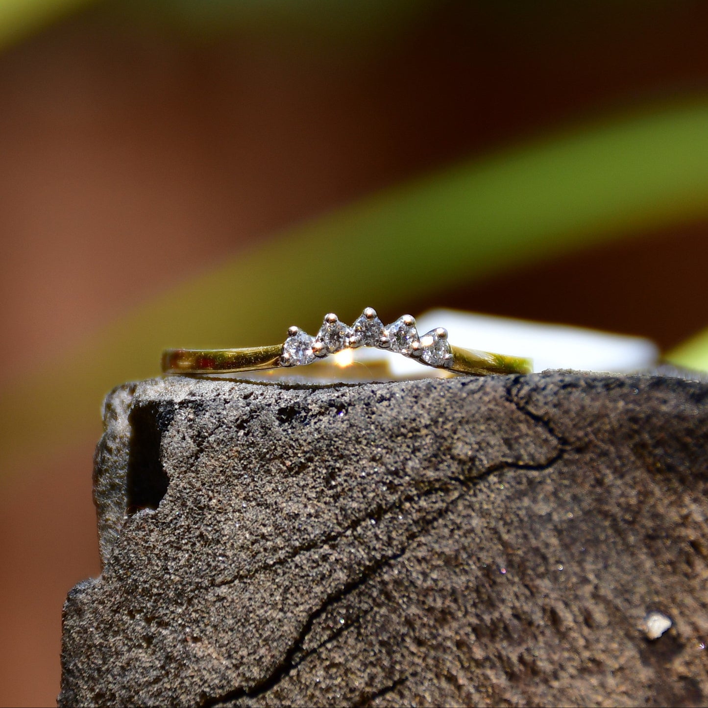 A crown-shaped diamond ring on a broken piece of wood, with green plant leaves in the background.