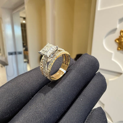 A close-up image of a handcrafted natural diamond ring set in 14kt solid gold, showcasing the band with embedded diamonds.