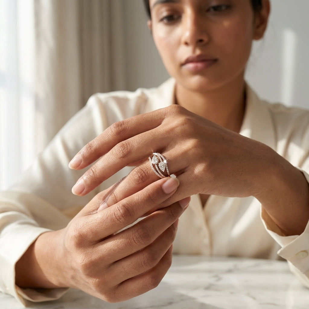 A close-up lifestyle shot of a woman wearing a gold-toned diamond ring with a curved, openwork design on her finger, wearing a cream-colored blouse.