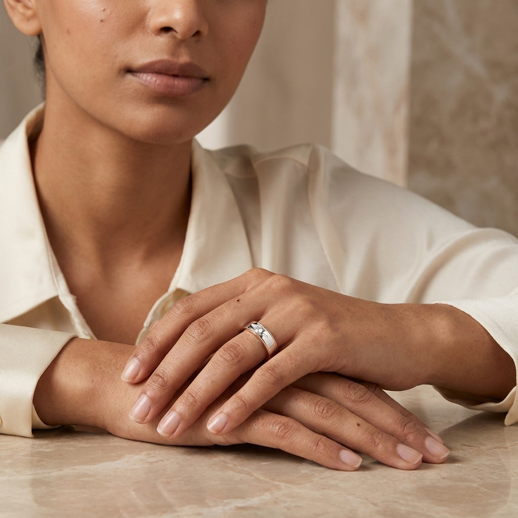 A solitaire diamond engagement ring with a gold band featuring a single diamond at the top center, set in a white and rose gold two-tone design worn in a woman's finger and showing it in a attracting pose.