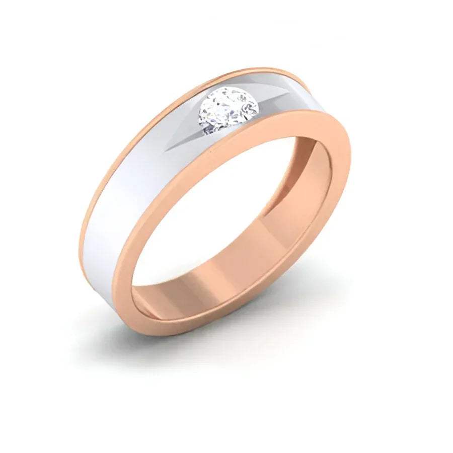 A solitaire diamond engagement ring with a gold band featuring a single diamond at the top center, set in a white and rose gold two-tone design.