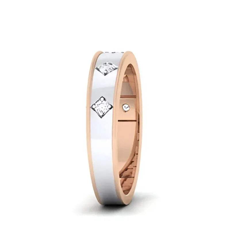 Two tone diamond band ring, one white gold and one rose gold, on a white background.