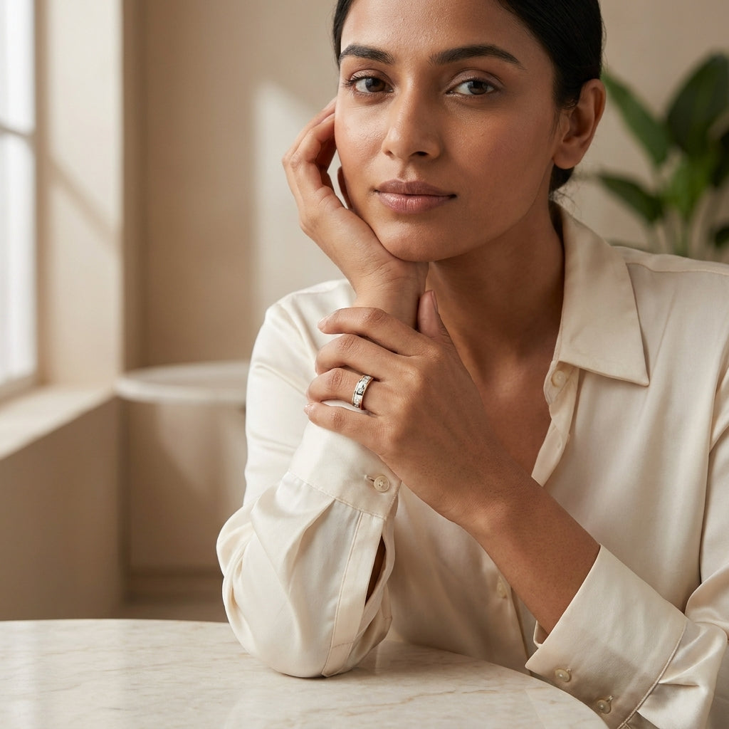 A band style diamond ring with the band split into two colors, white and rose gold, with diamonds set on the white gold section worn by a woman who is showing the ring in a attracting pose.
