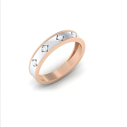 A band style diamond ring with the band split into two colors, white and rose gold, with diamonds set on the rose gold section.