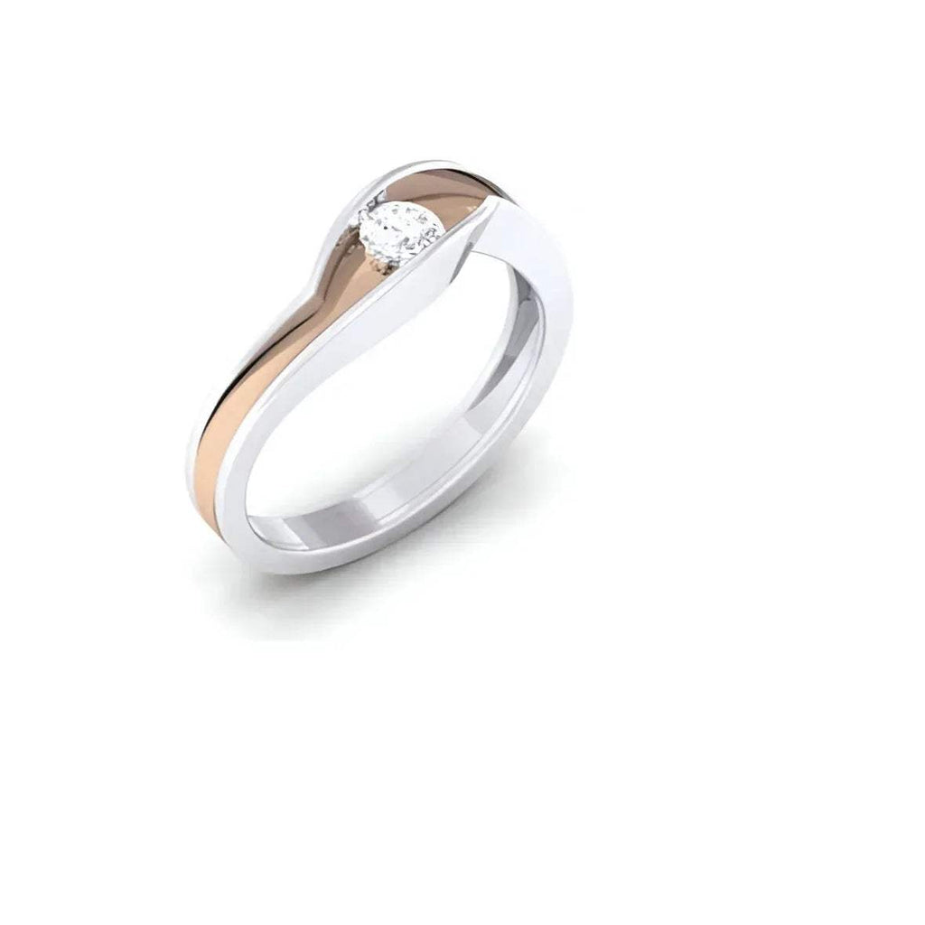 A solitaire diamond ring with a gold band featuring a single diamond at the center, set in a white gold or white gold band with a rose gold accent on one side.
