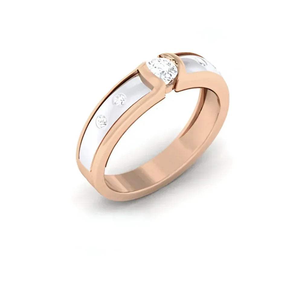 A solitaire diamond ring with a combination of white and rose gold bands, featuring brilliant cut diamonds.