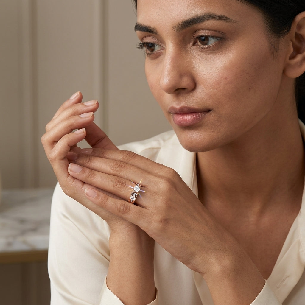 A solitaire diamond ring with a combination of white and rose gold, featuring a central diamond surrounded by smaller side diamonds on the band is worn by a woman who is sitting in a attracting pose.