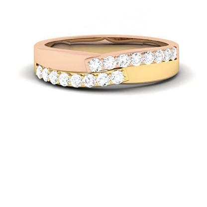 A bi-color gold diamond ring with alternating yellow and rose gold bands, set with multiple round-cut diamonds.