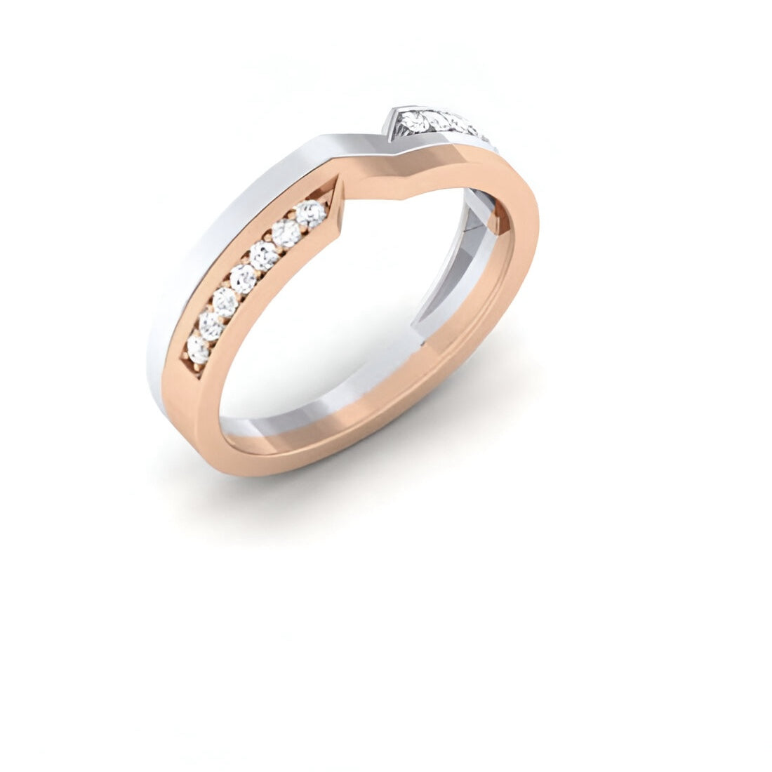 Two-tone gold ring with diamonds on a white background.