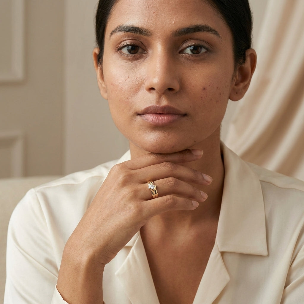 Two-tone gold ring with a diamond in a woman's finger