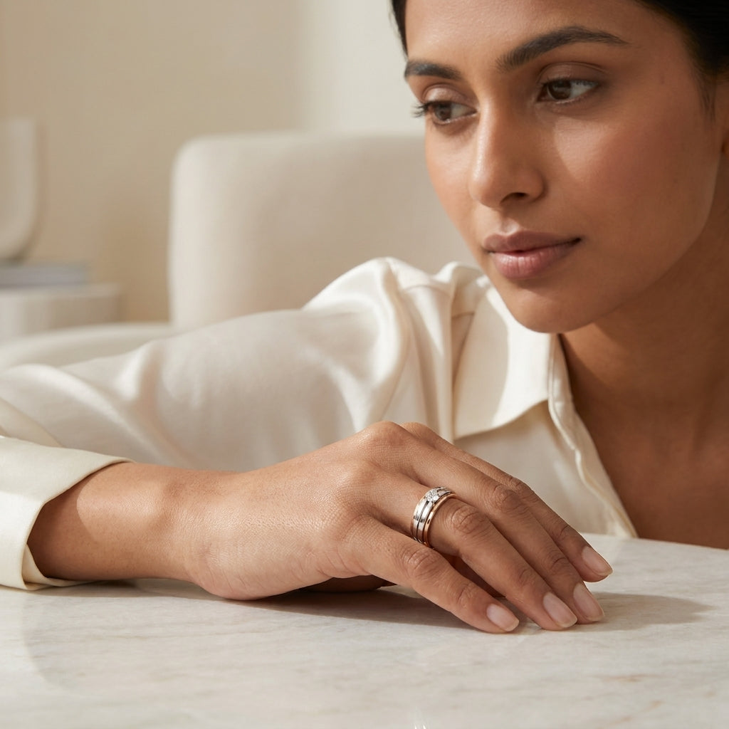 Two-tone gold ring with a diamond in a woman's finger