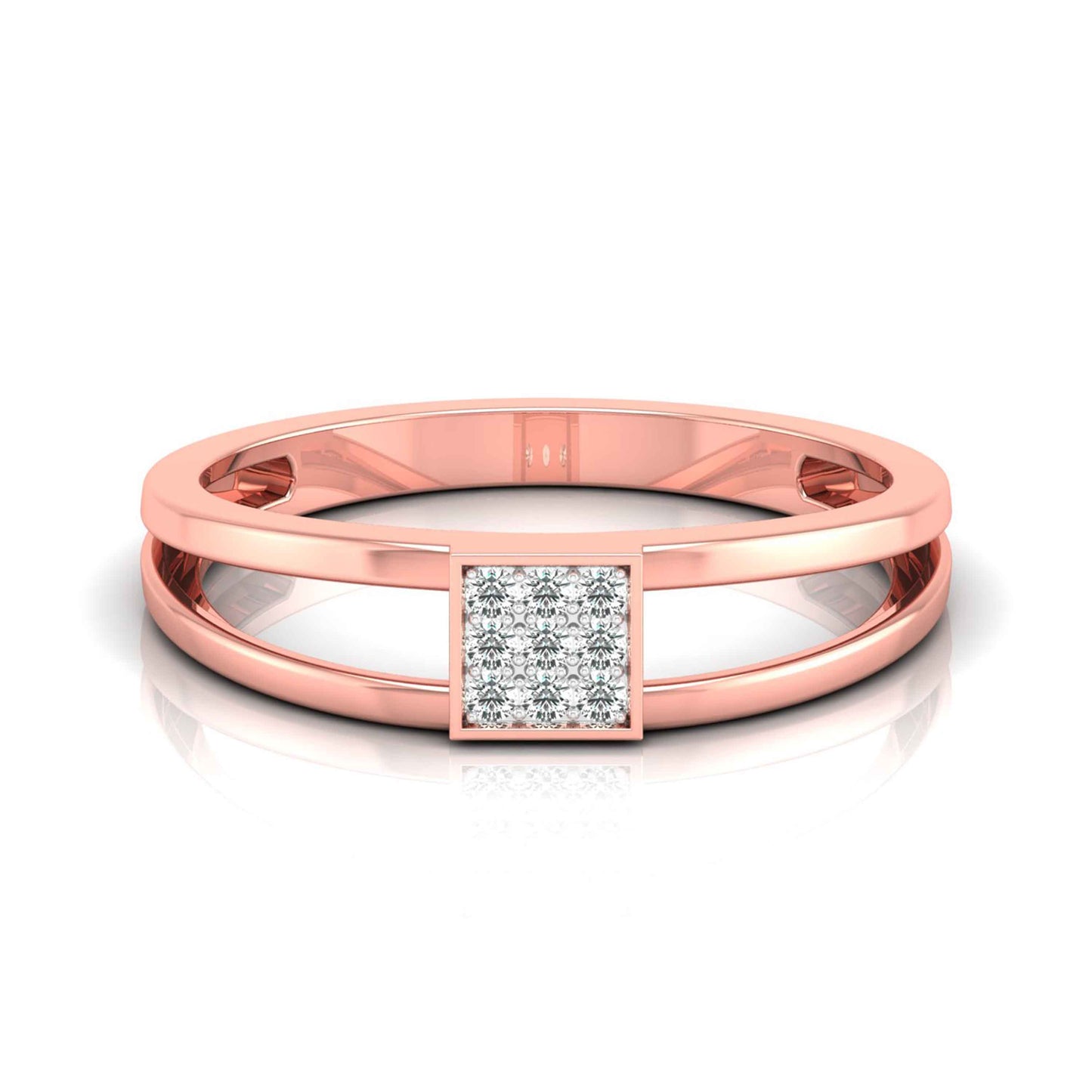 Rose gold ring with a diamond on a white background