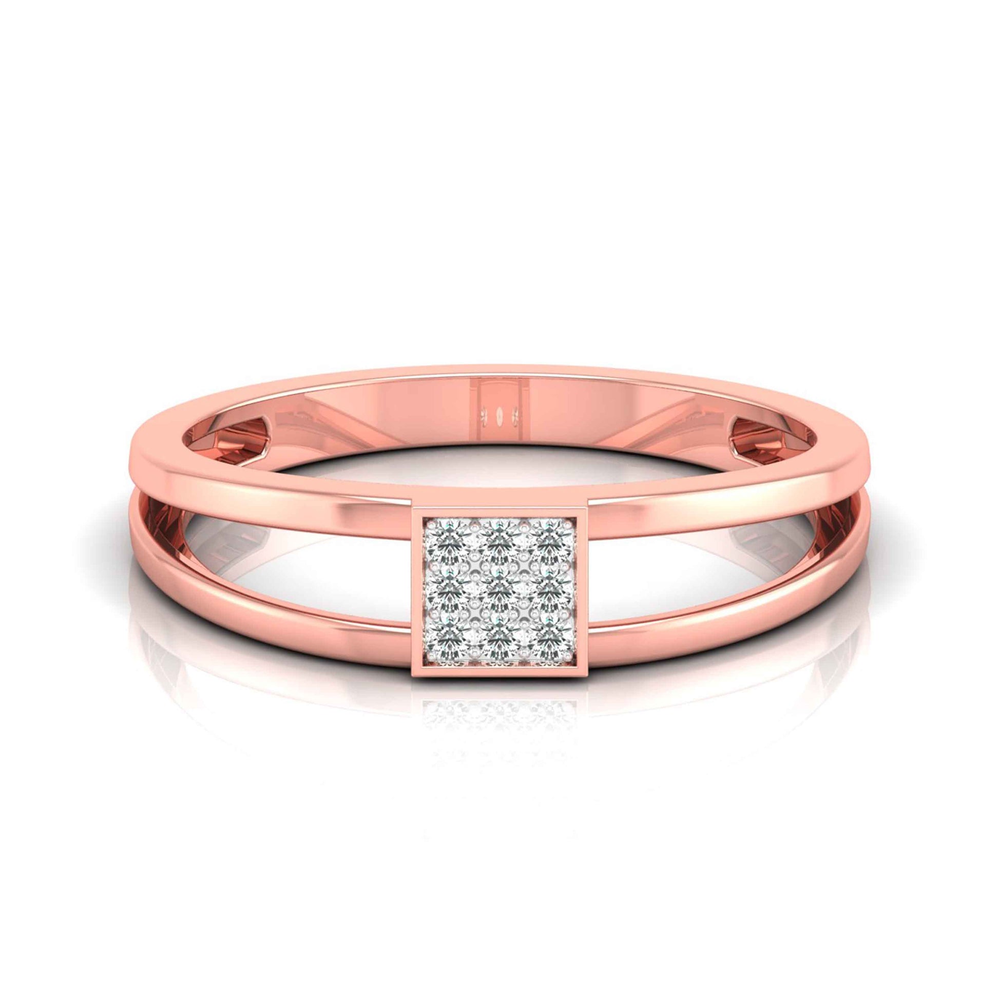 Rose gold ring with a diamond on a white background