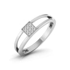 Silver ring with a diamond square setting on a white background