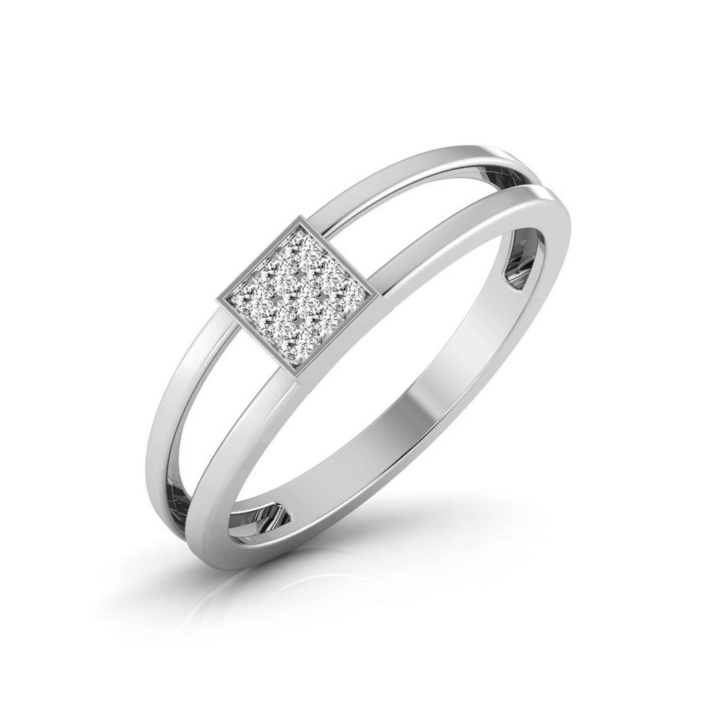 Silver ring with a diamond square setting on a white background