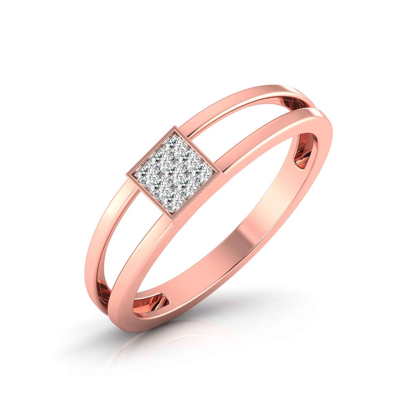 Rose gold ring with diamonds in a square on a white background
