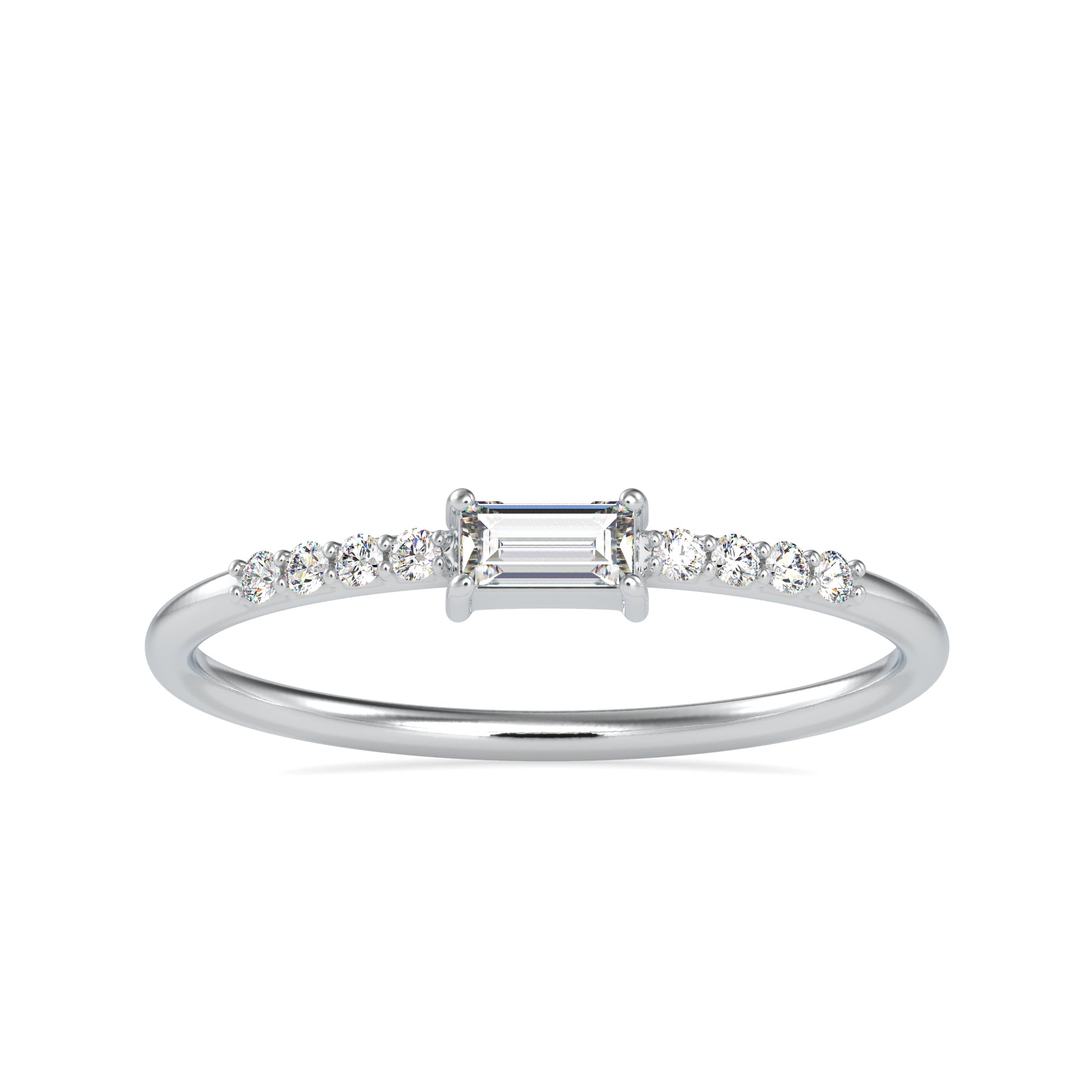 Diamond ring with a central emerald-cut diamond and smaller diamonds on a white background