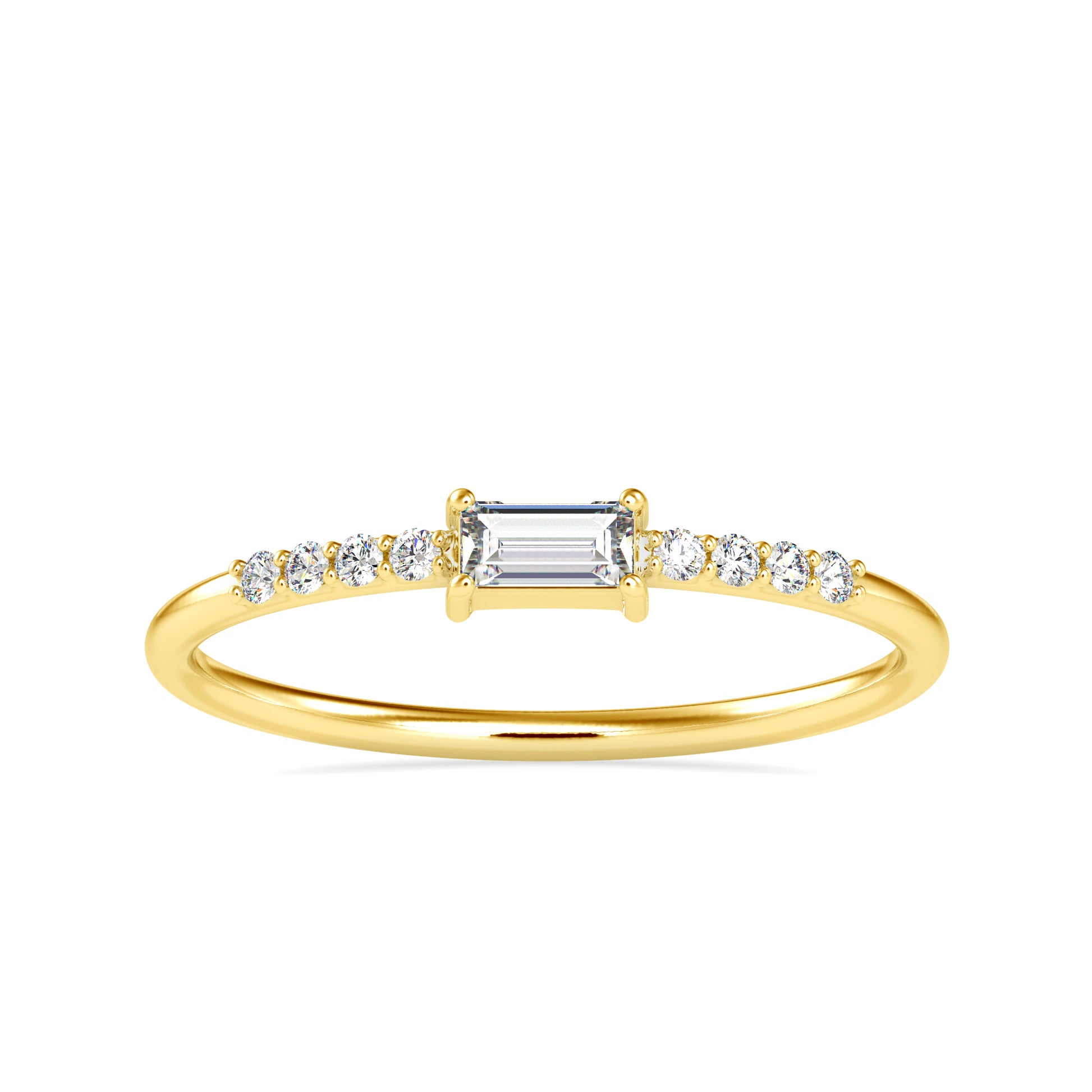 Gold ring with a central diamond and smaller diamonds on a white background