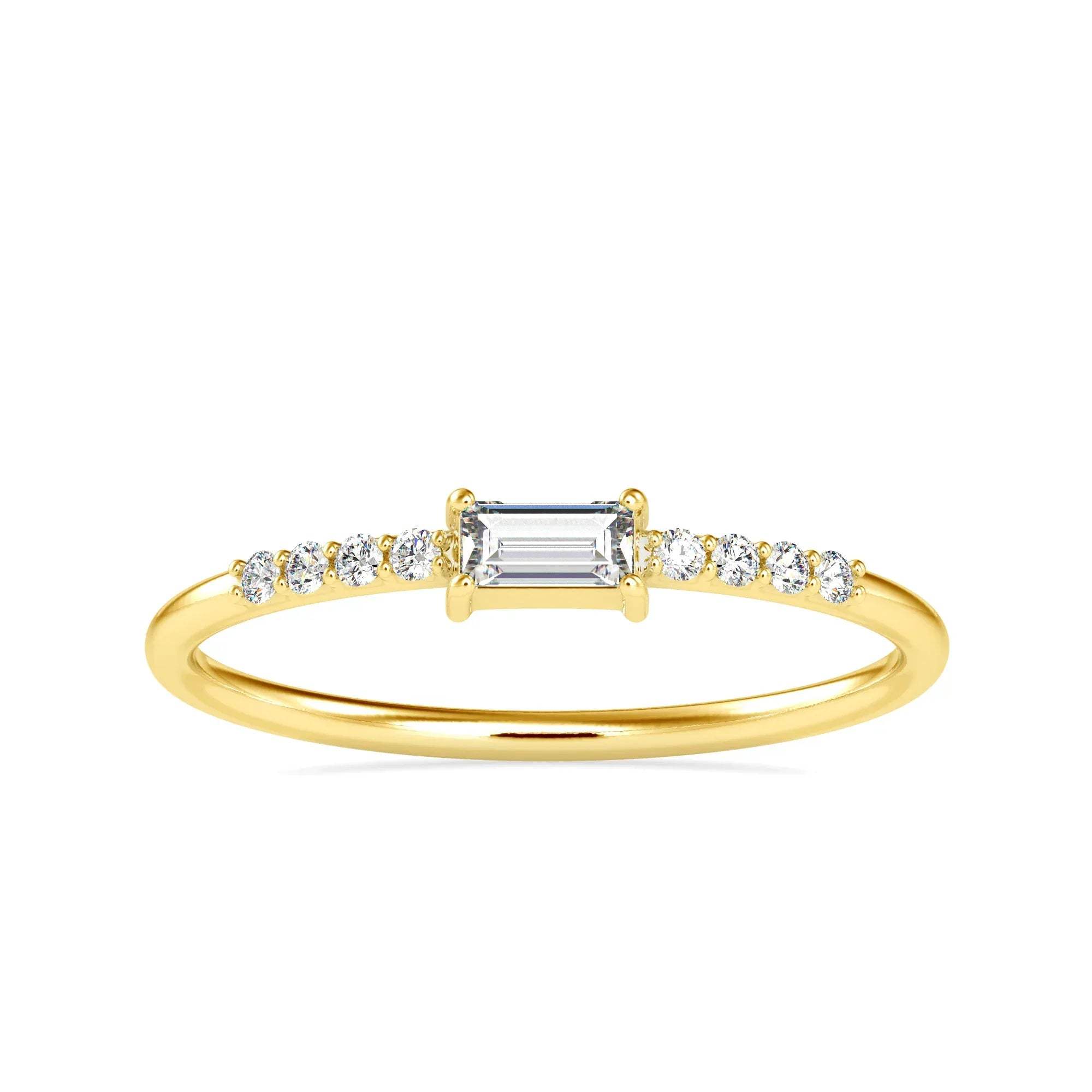 Gold ring with a central diamond and smaller diamonds on a white background