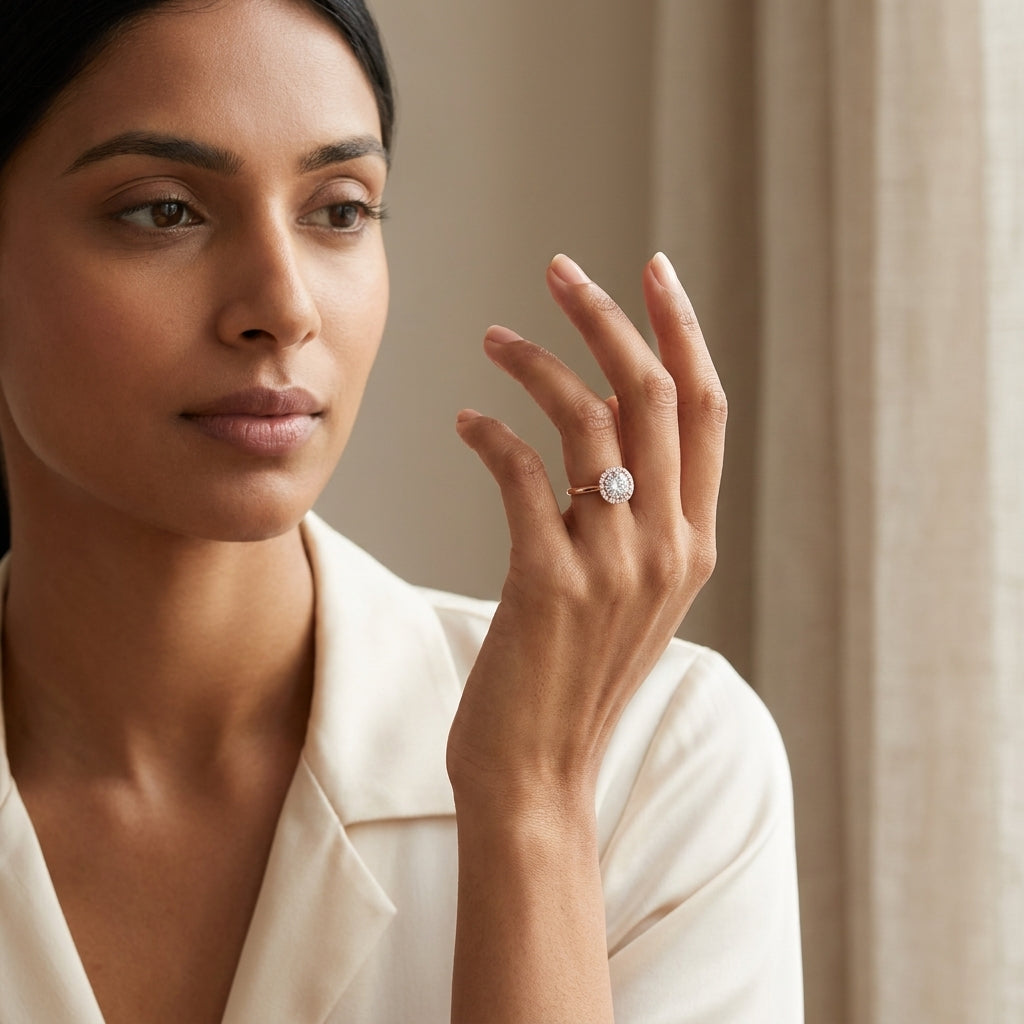 Rose gold ring with diamonds worn by a woman in her hand.