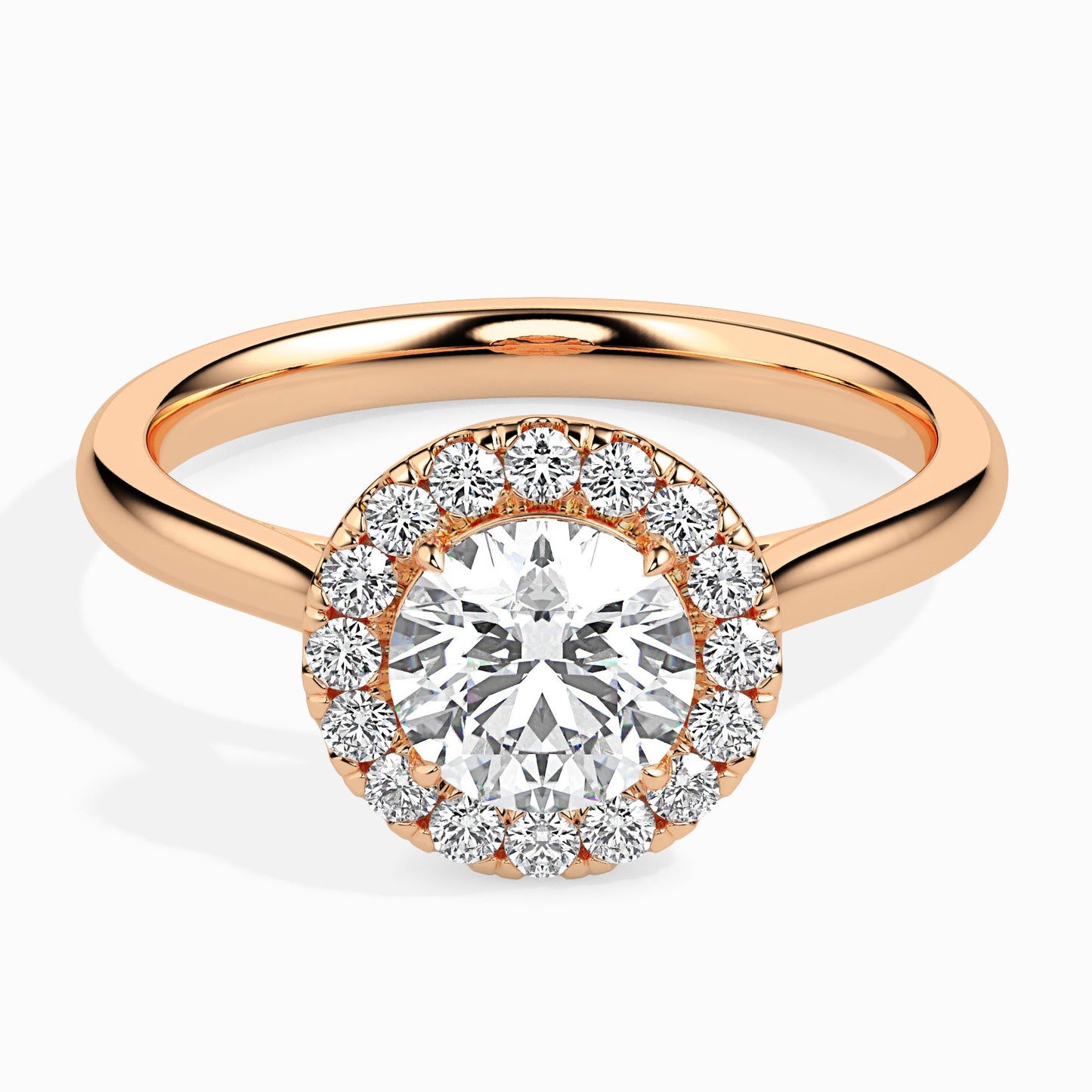 Rose gold ring with a diamond on a white background