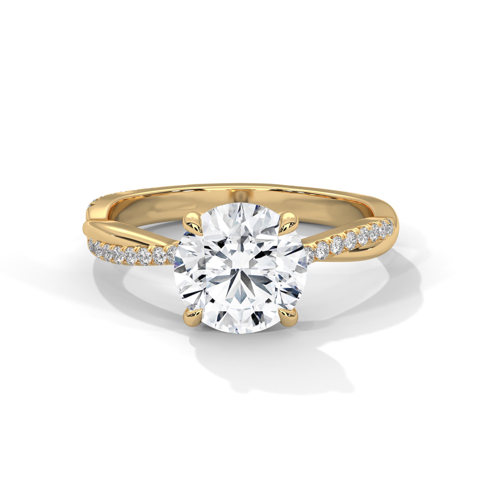 Gold and silver ring with a large diamond and smaller diamonds on the band against a white background