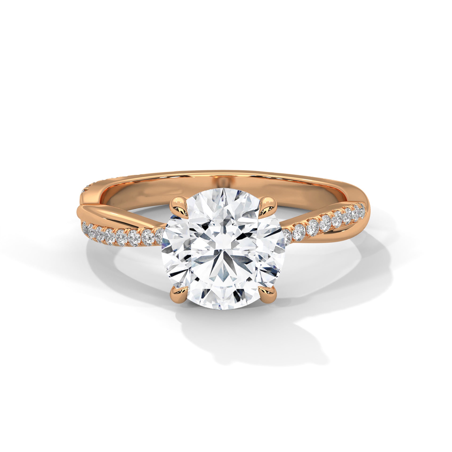 gold ring with a large diamond and smaller diamonds on the band against a white background