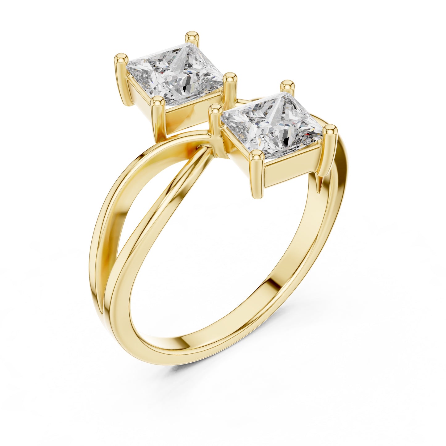 Gold ring with two princess-cut real diamonds on a white background