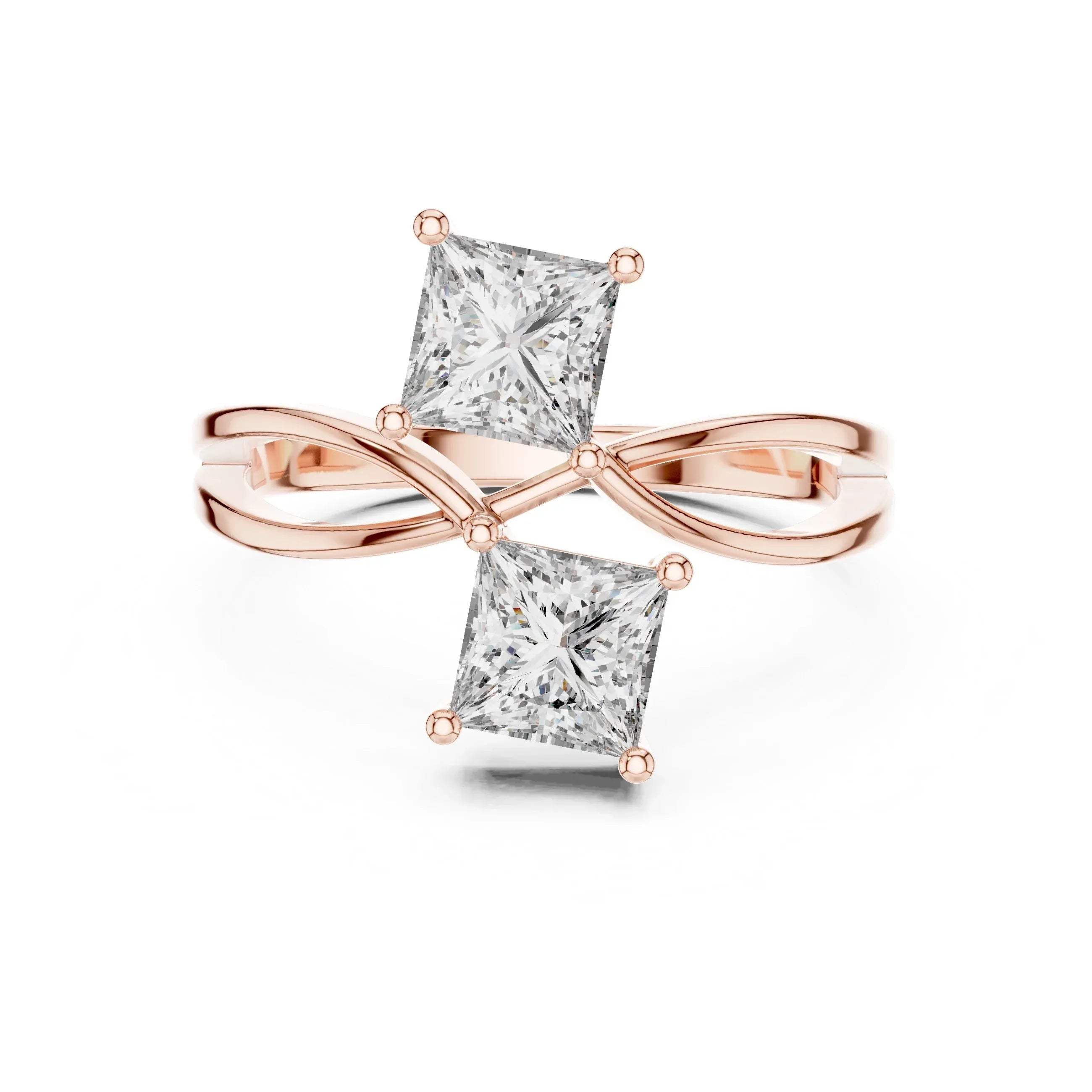 Rose gold ring with two princess-cut real diamonds on a white background