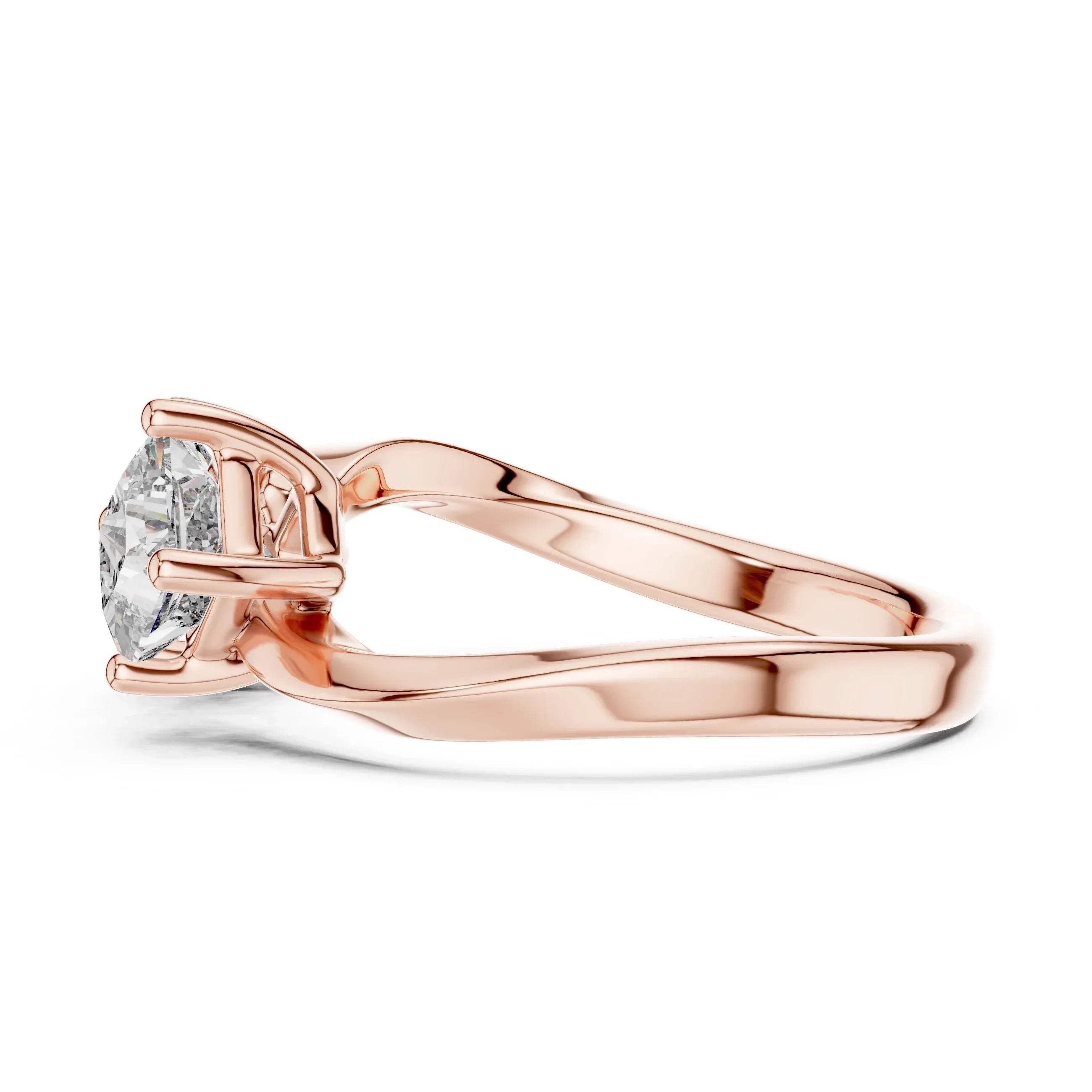 Rose gold ring with a real diamonds on a white background