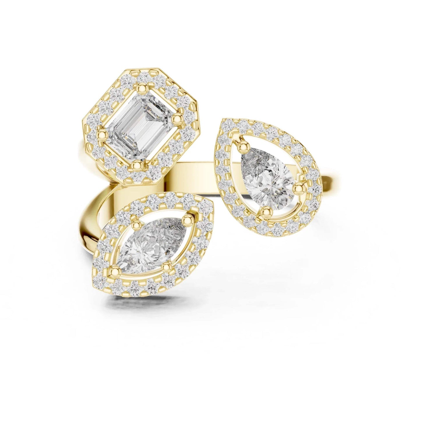 Gold and real diamonds ring on a white background