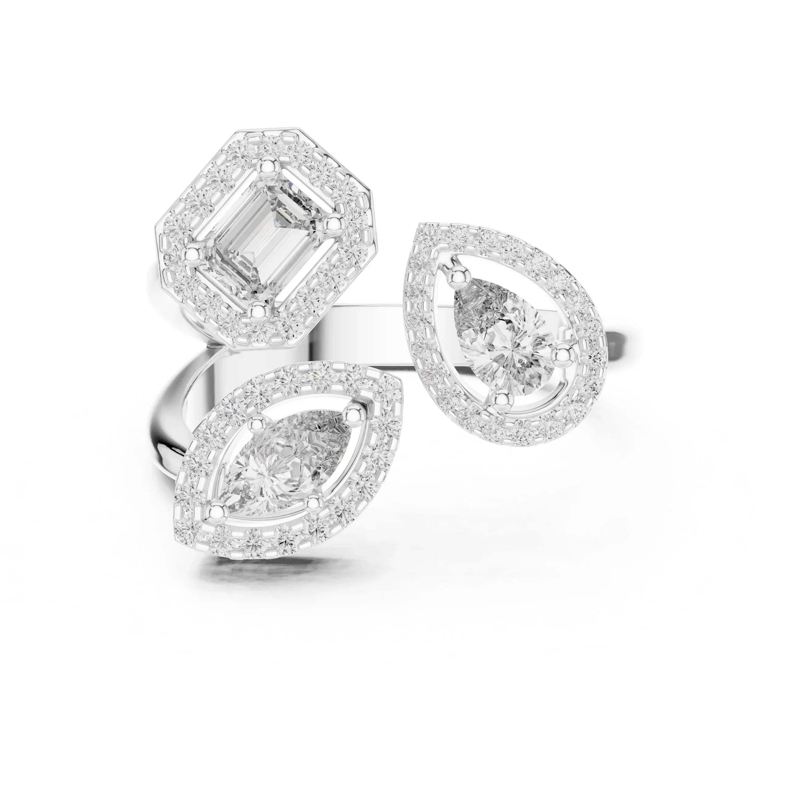 White gold and real diamonds ring on a white background