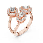 Rose gold ring with multiple real diamonds on a white background