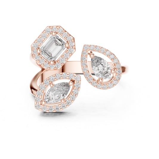 Rose gold ring with real diamond accents on a white background