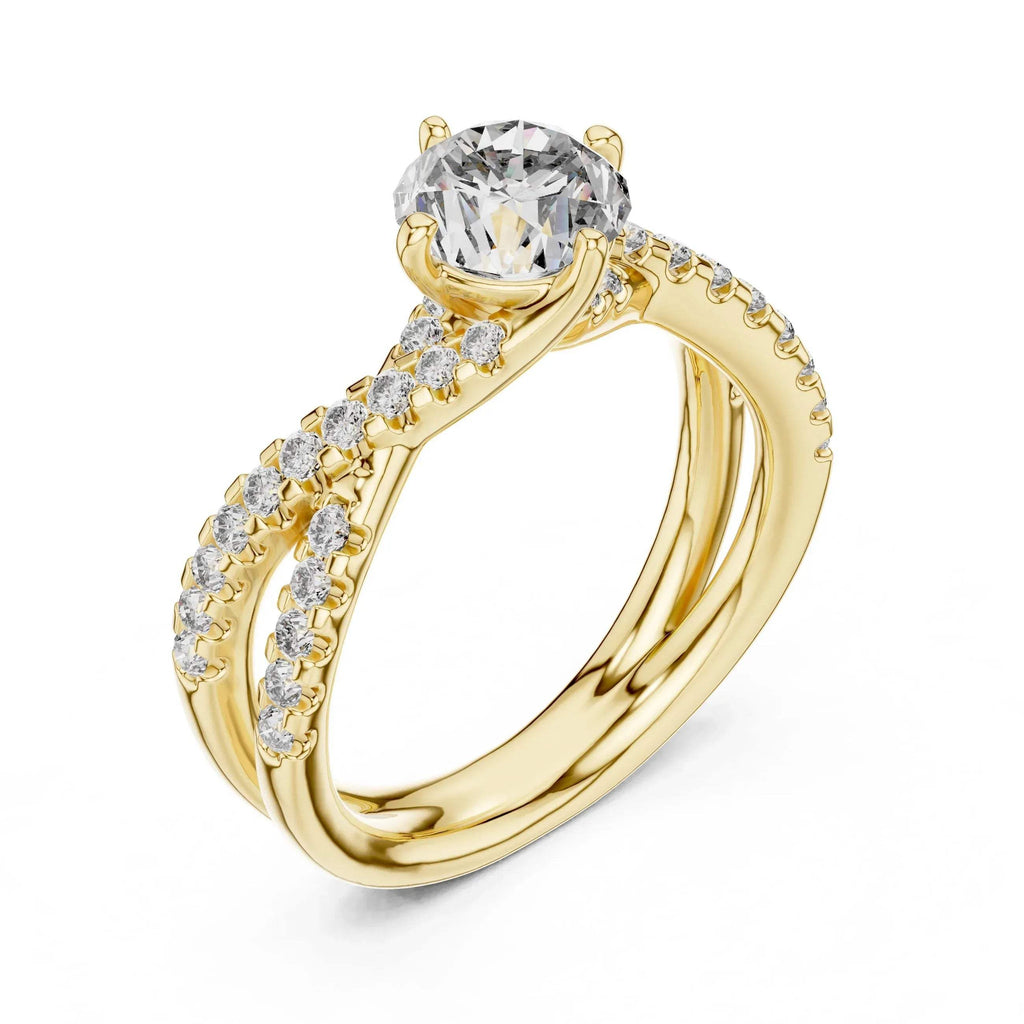 Yellow gold ring with real diamonds on a white background