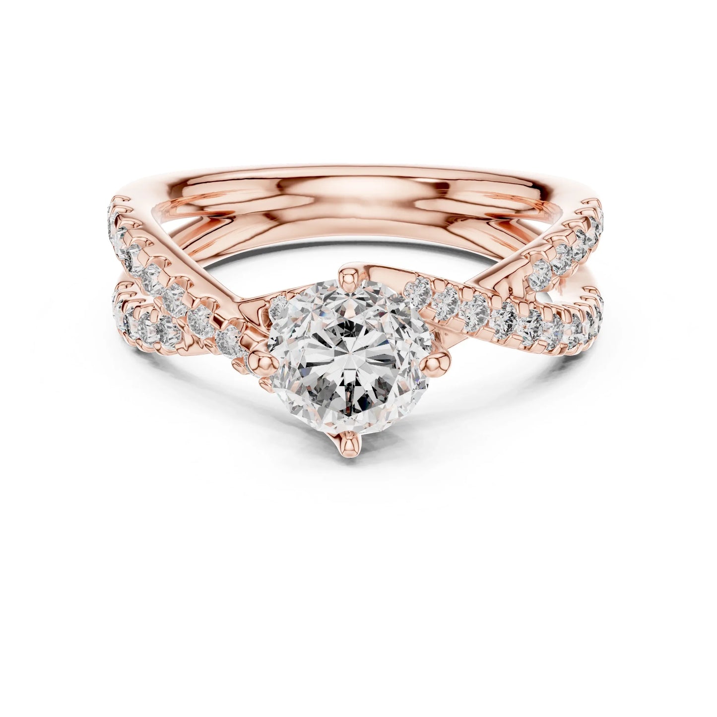 Rose gold ring with real diamonds on a white background
