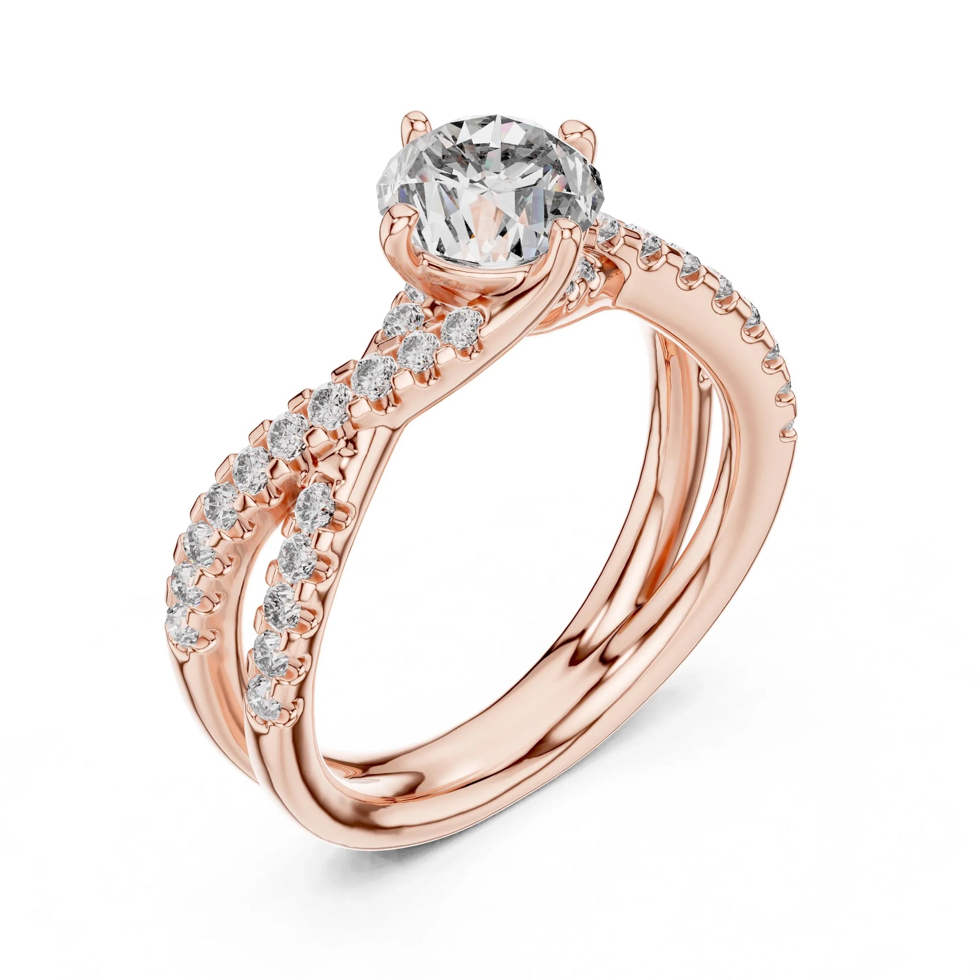 Rose gold ring with real diamonds on a white background