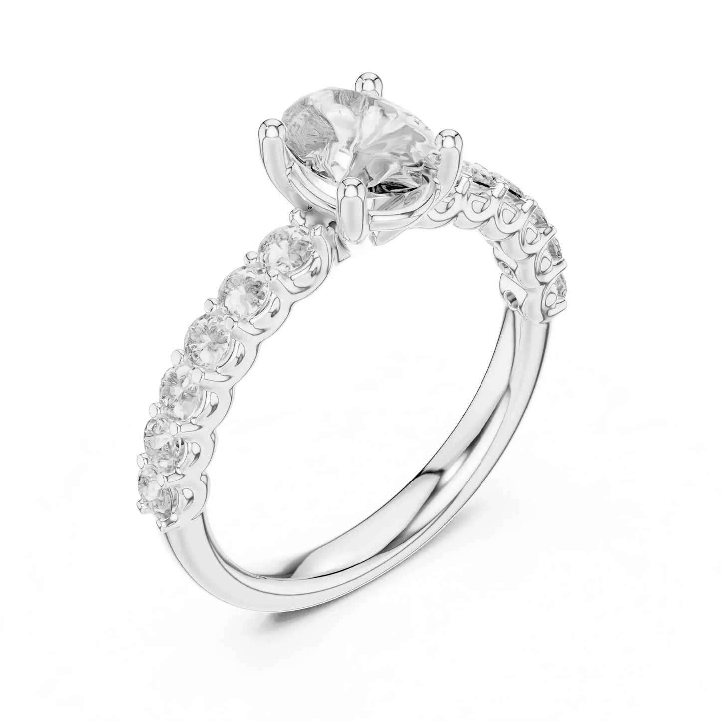 Diamond ring with a central real diamond and smaller real diamonds on a white background