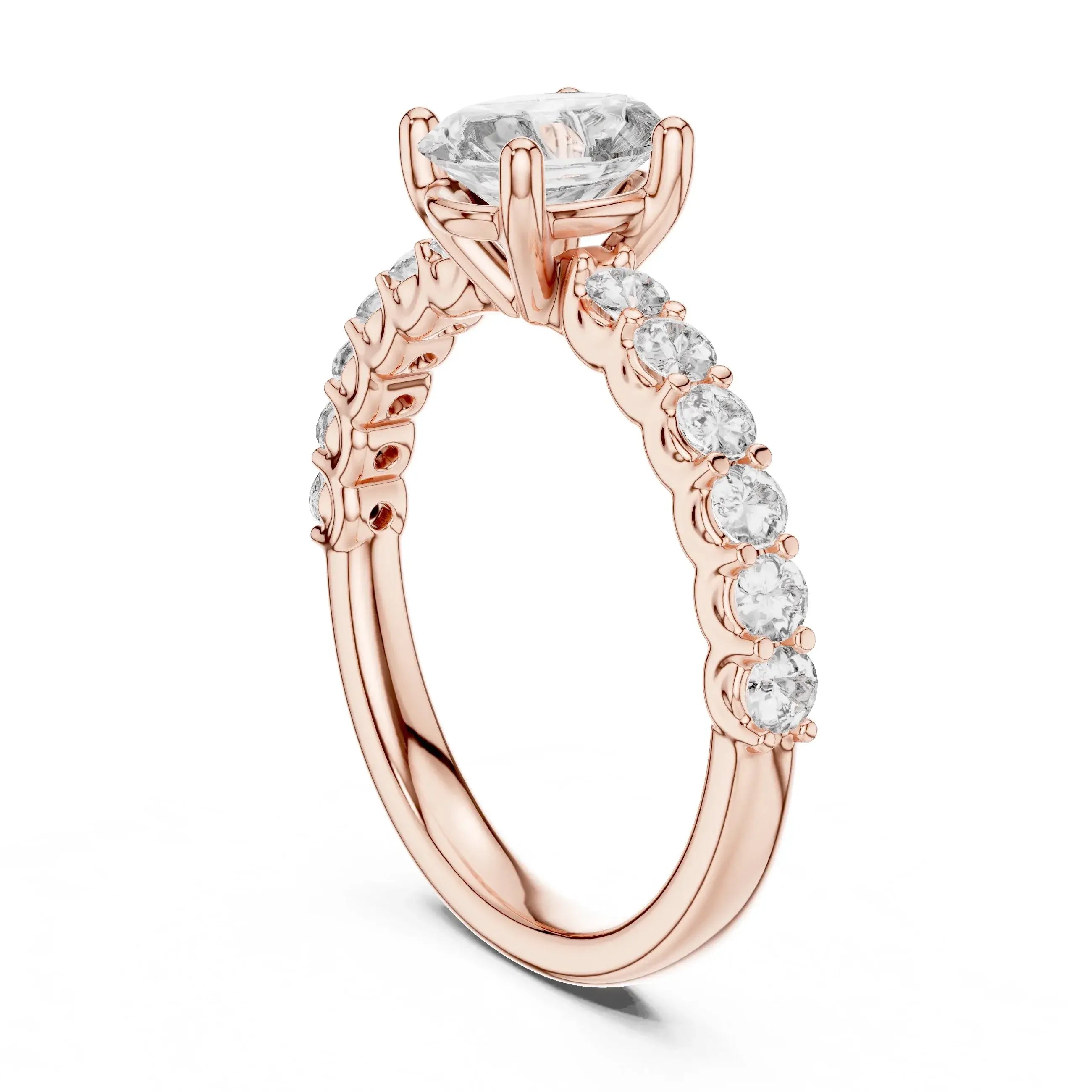 Rose gold ring with a large central real diamond and smaller real diamonds on a white background