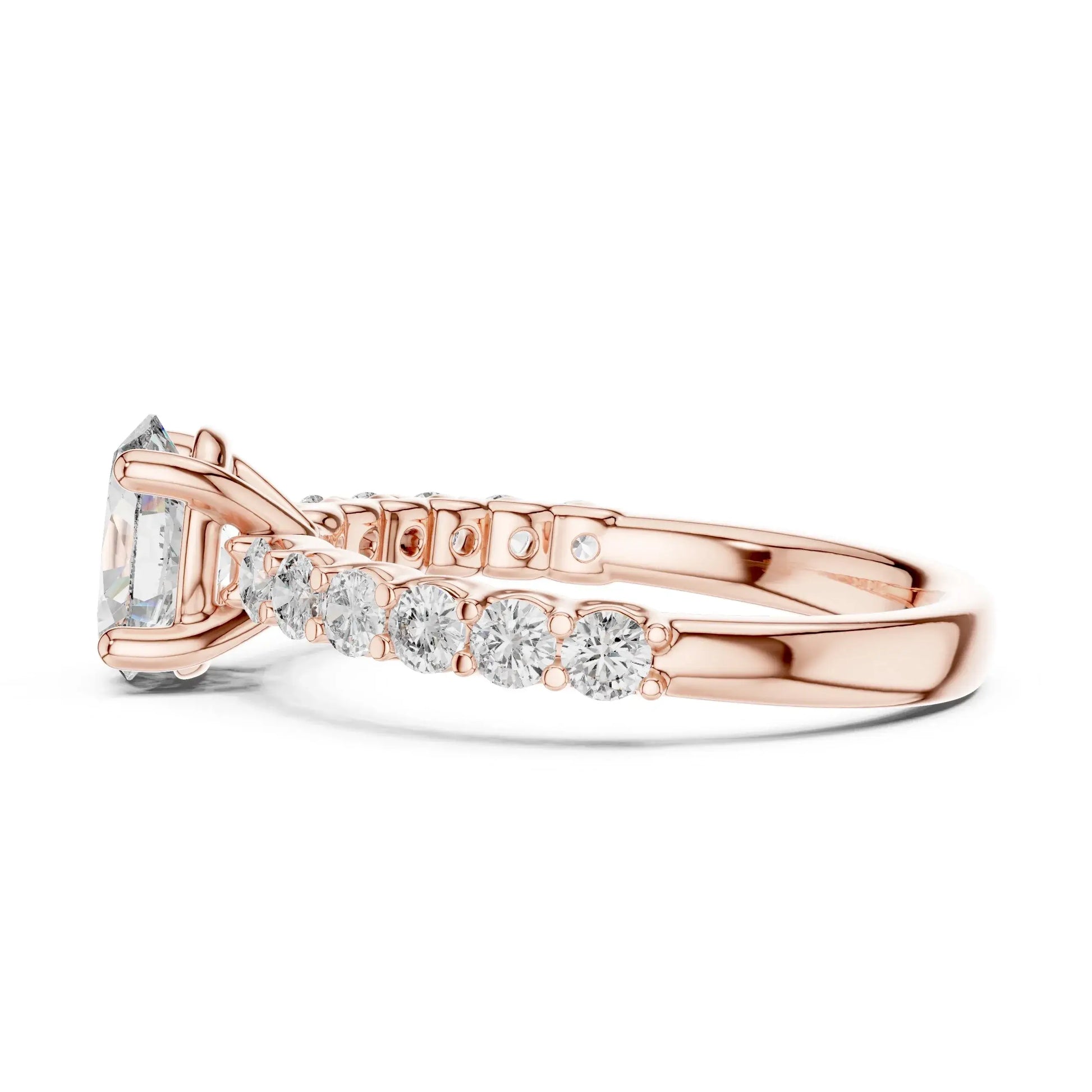 Rose gold ring with real diamonds on a white background