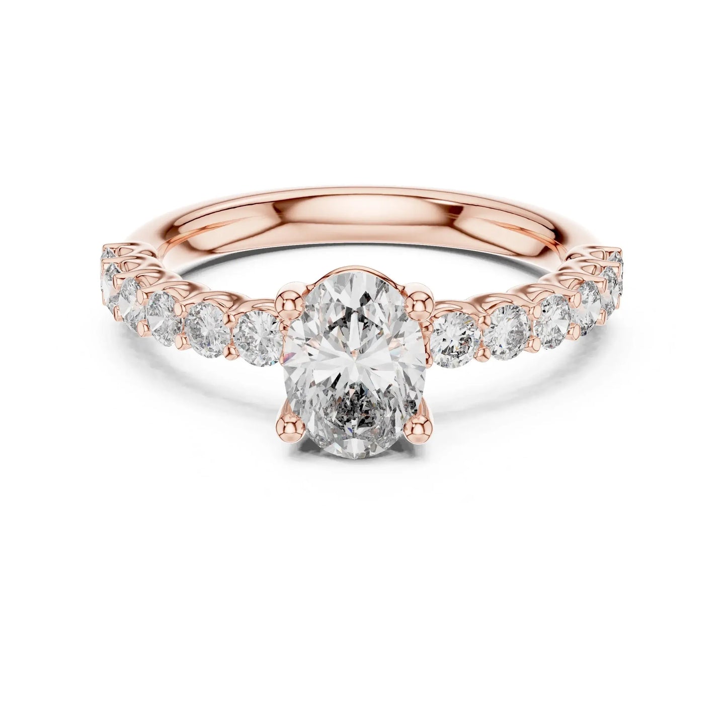 Rose gold ring with a large natural diamond and smaller natural diamonds on a white background