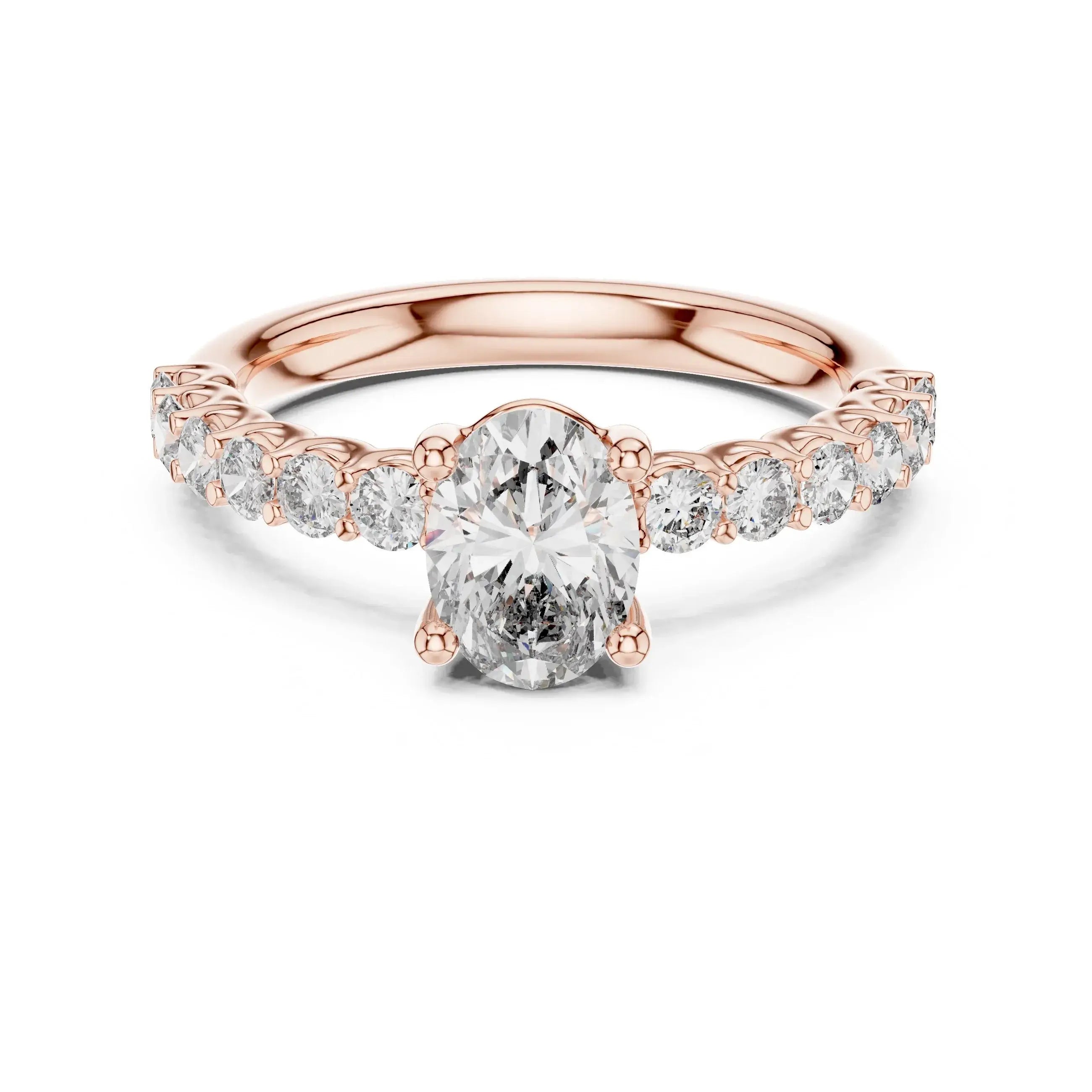 Rose gold ring with a large natural diamond and smaller natural diamonds on a white background