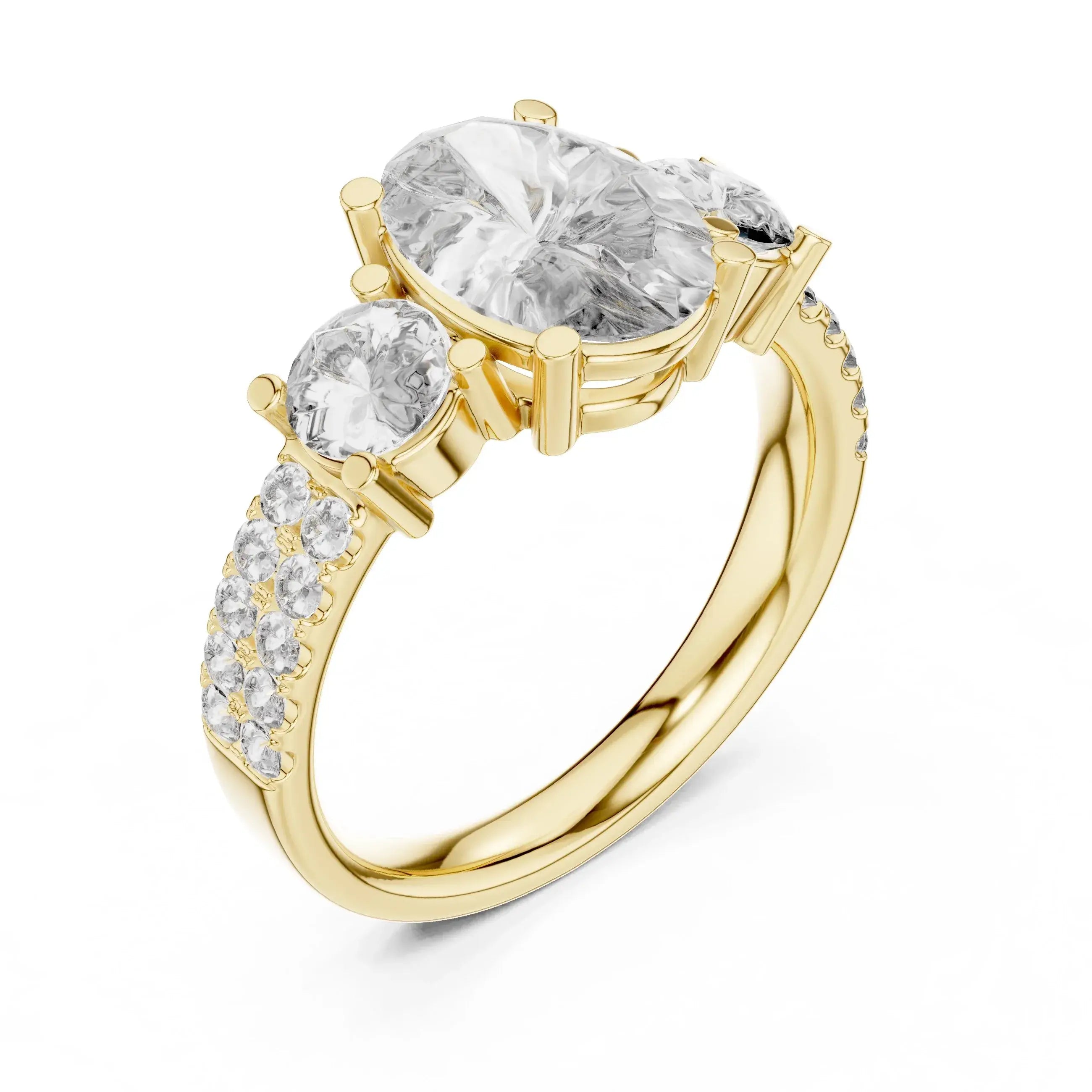 Yellow gold ring with some large clear real diamonds on a white background