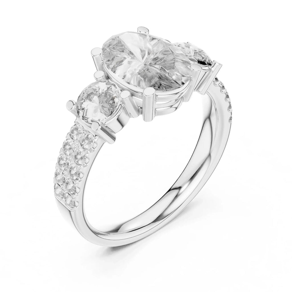 Diamond ring with a large central real diamond and smaller real diamonds on a white background