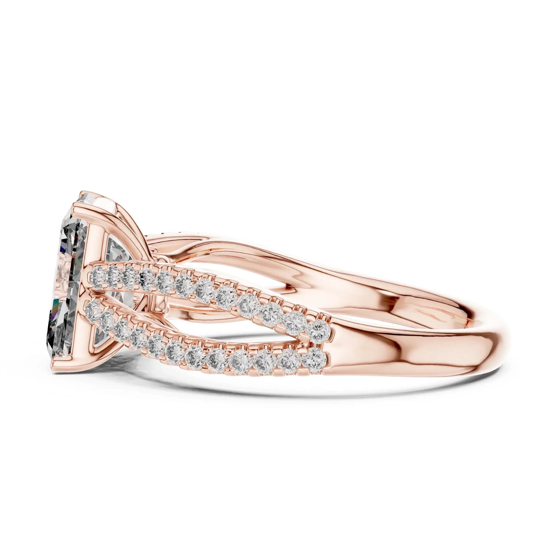 Rose gold ring with natural diamond accents on a white background.